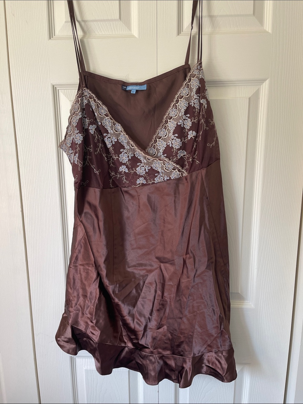 Brown Satin Slip Dress with Lace Trim